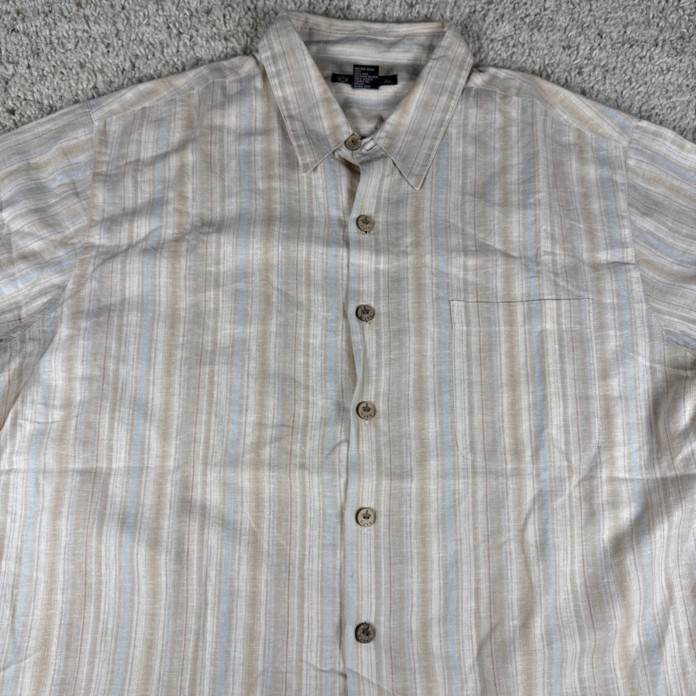Duke Kahanamoku Men's Shirt XL Hawaiian Striped Surf Hemp Cotton‎ Peach + Blue